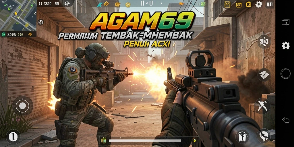 Screenshot utama AGAM69 menampilkan action tembak-menembak yang intens.