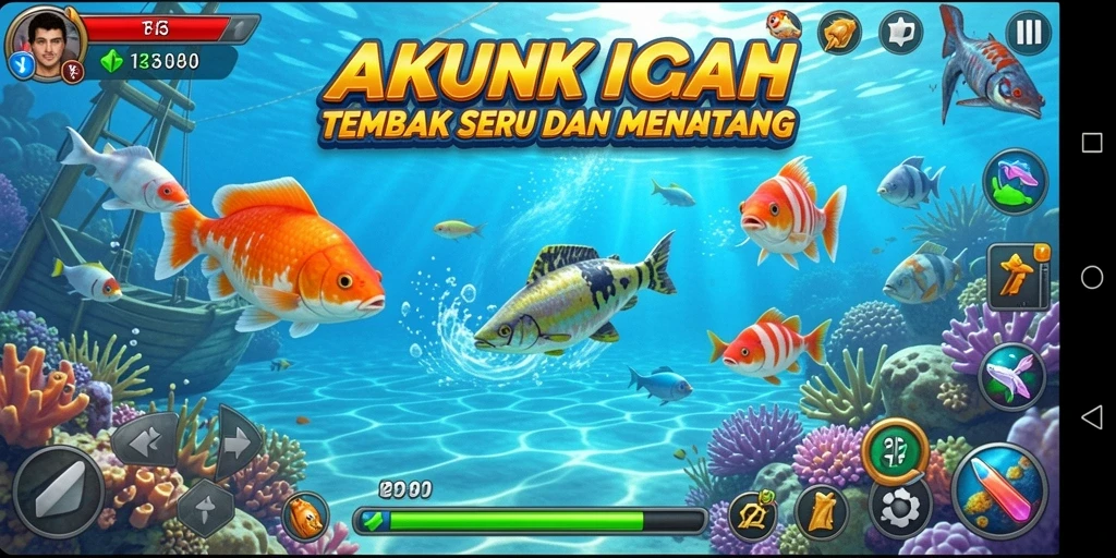 Screenshot utama AKUNJP menampilkan gameplay seru Tembak Ikan.