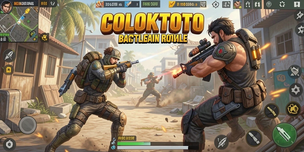 Screenshot gameplay seru COLOKTOTO yang menunjukkan pertarungan Battle Royale.