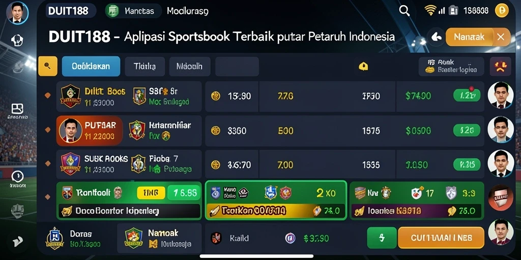Tampilan utama gameplay Sportsbook di DUIT188 yang penuh warna.