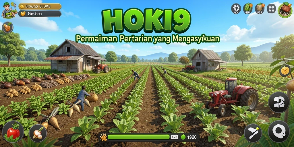 Screenshot HOKI9 menampilkan kebun yang rimbun dan aktivitas petani.