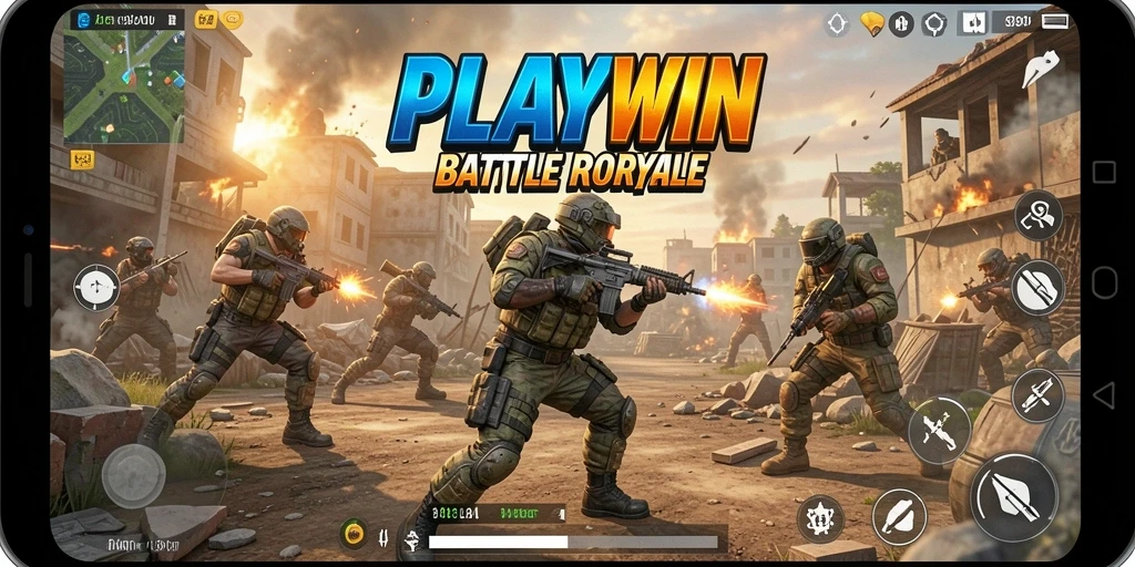 Screenshot utama menampilkan aksi seru pertempuran dalam <strong>PLAYWIN</strong> Battle Royale.